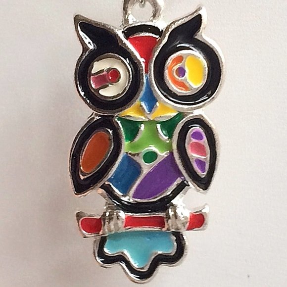 Owl Pendant Necklace Bird Multicolor Pop Aart Enamel Patchwork 19" Silver Plated - Picture 2 of 8